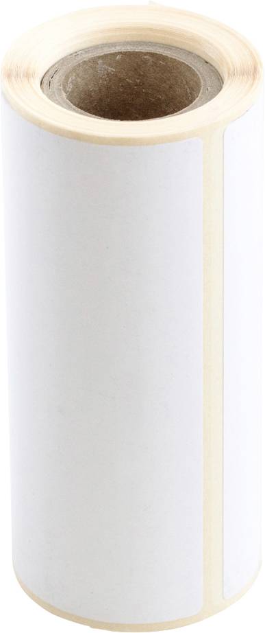 Rolle aus weißen, unbedruckten Etiketten, die zum Markieren oder Beschriften genutzt werden können.