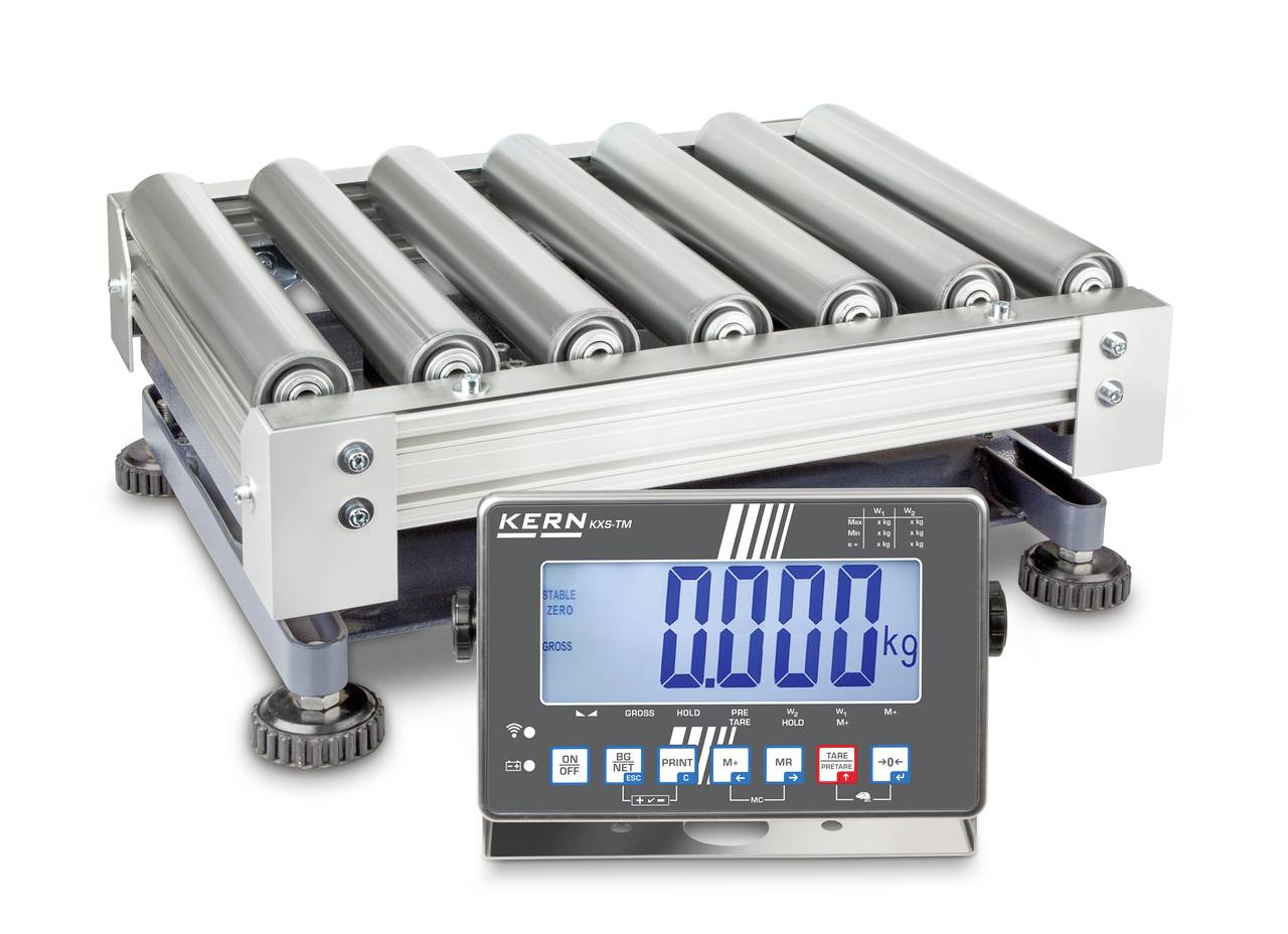 Rollentischwaage mit digitalem Display, zeigt '0.000 kg'. Geeignet für präzise Gewichtsmessungen von Industriegütern.