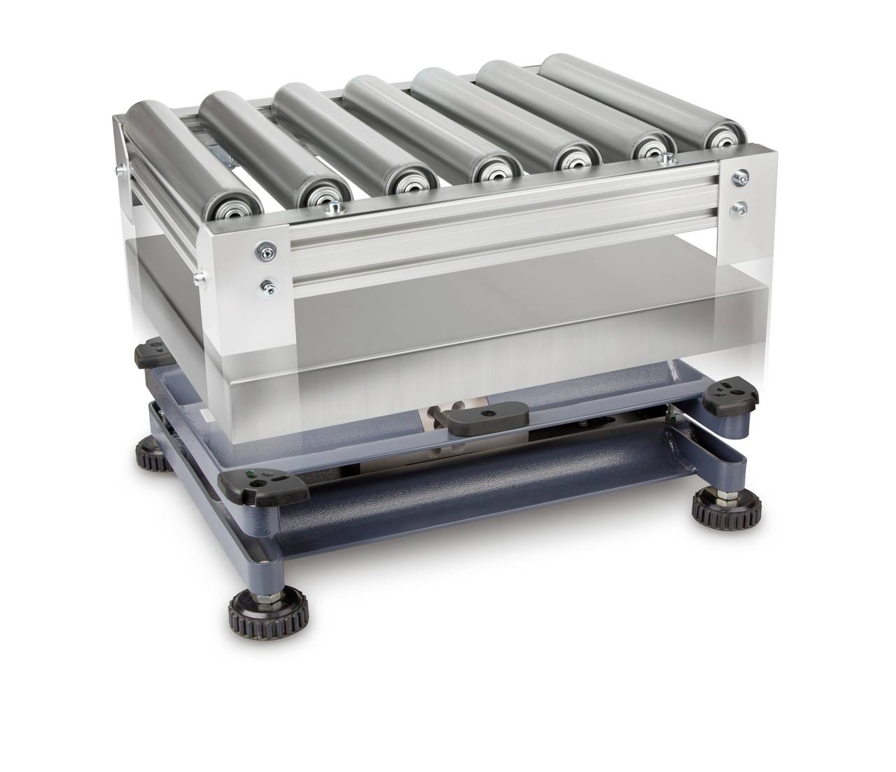 Förderband-Bauteil mit mehreren Rollen für den Materialtransport, montiert auf verstellbarer Basis. Industrielles Maschinenteil.