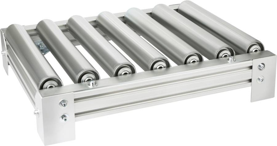 Metallisches Rollenband für den Transport von Waren, bestehend aus sieben parallelen Rollen in einem stabilen Rahmen.