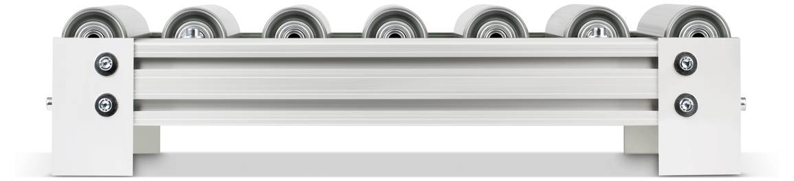 Metallische Rollenbahn mit sechs Rollen, geeignet für den Transport von Gegenständen. Sie ist horizontal ausgerichtet.