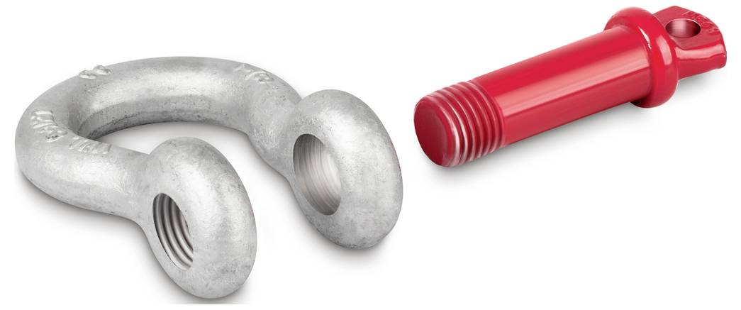 Ein silbernes Schraubschäkelohr und ein roter Bolzen, die zusammen ein Verbindungselement bilden. Ideal für Hebezwecke.
