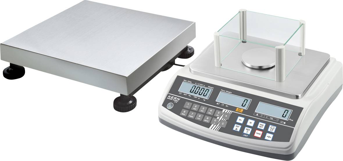 Elektronische Waage mit digitalem Display und großem Wiegeteller, geeignet für präzise Messungen in Laboren oder Industrieumgebungen.