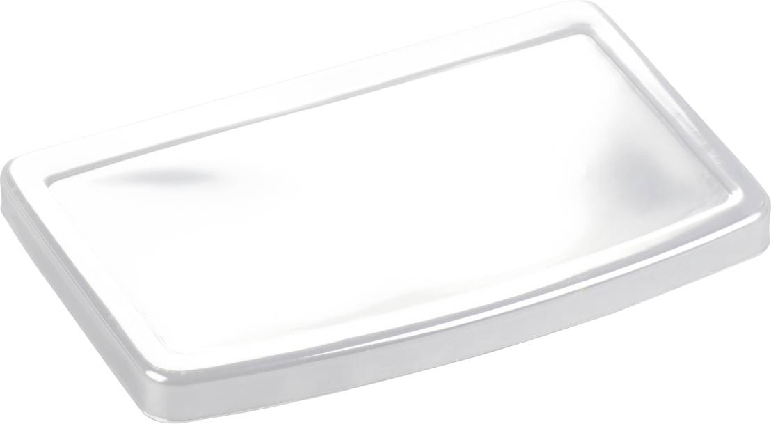 Weiße rechteckige Plastikabdeckung auf weißem Hintergrund.