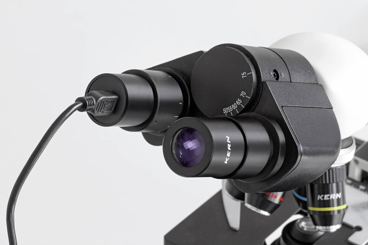 Ein Mikroskop mit Okularen und einem angeschlossenen USB-Kabel, das digitale Bildübertragung ermöglicht.