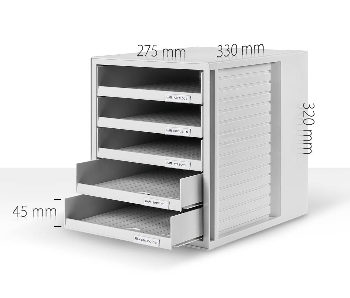 Offenes Schubladensystem mit fünf Fächern. Beschriftung außen und Maße: Breite 275 mm, Tiefe 330 mm, Höhe 320 mm.
