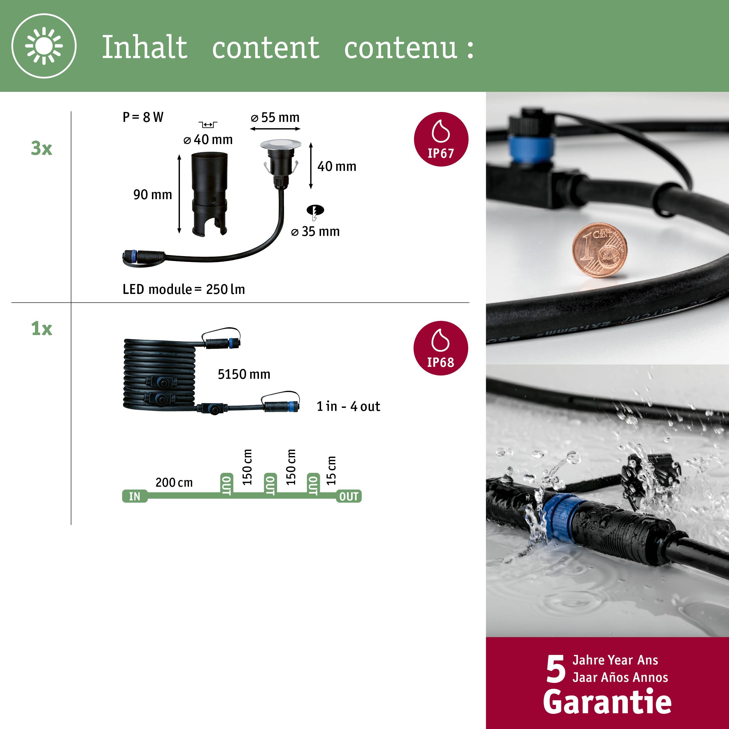 Bild eines LED-Moduls mit Angaben zu Größe, Leistung und Wasserschutzklassen. Oben: 3x, 8W, IP67. Unten: 1x, 250 lm, IP68. Garantie: 5 Jahre.