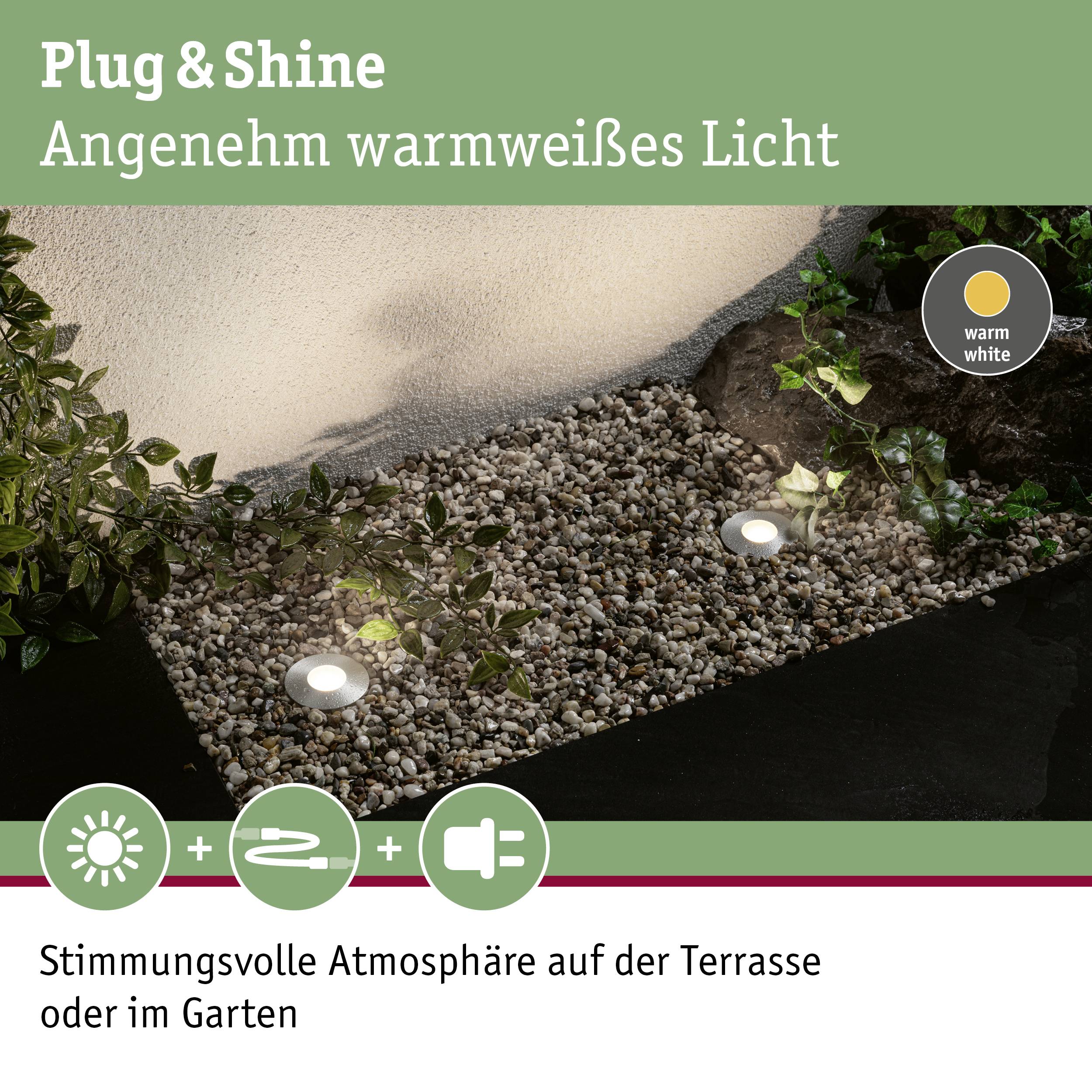Outdoor-Terrasse mit Kiesbeet, kleinen Pflanzen und eingebauten warmweißen Lichtern. Text: 'Plug & Shine Angenehm warmweißes Licht'.