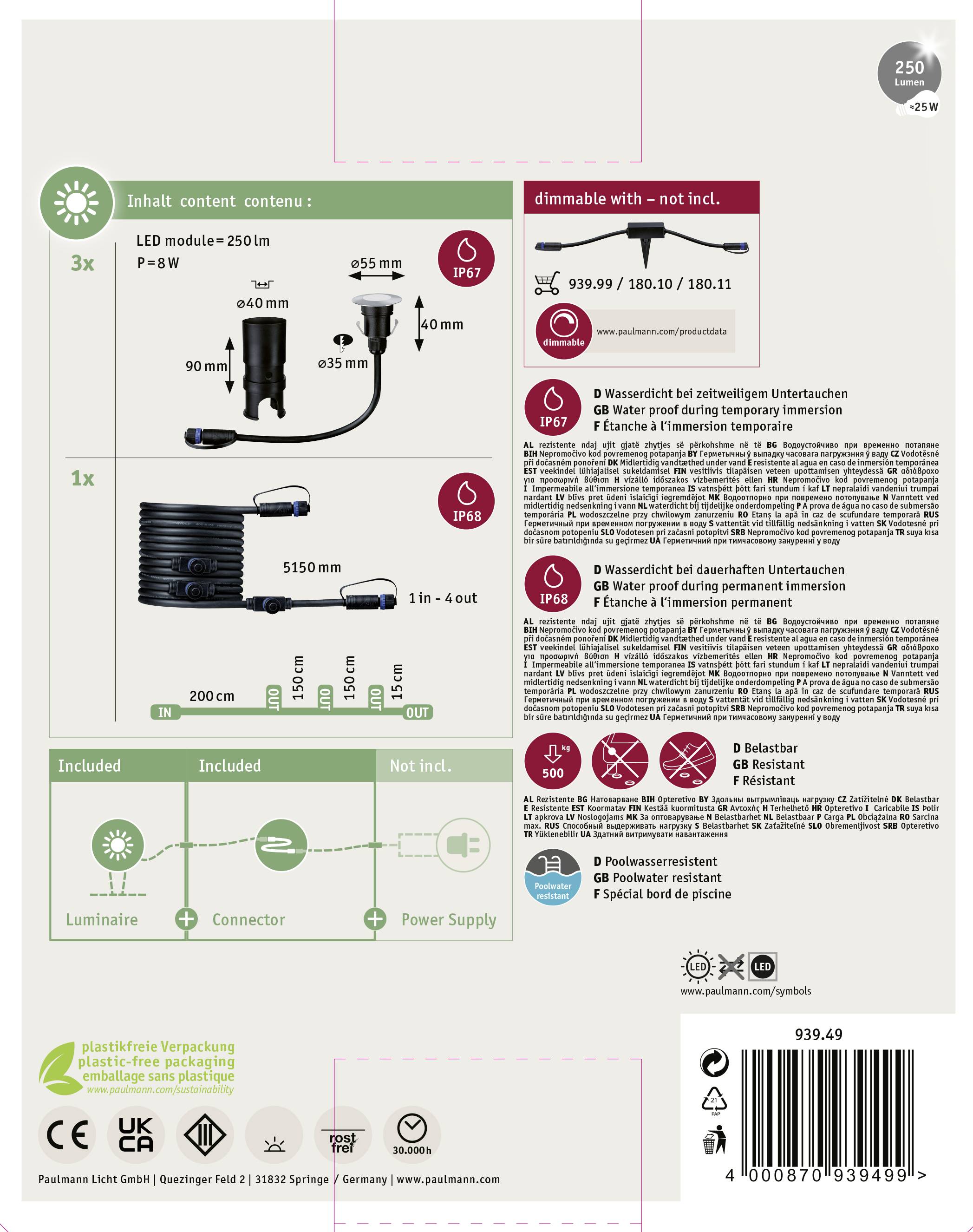 Paulmann 93949 Beleuchtungssystem Plug & Shine LED-Außeneinbauleuchten (Ergänzungs-Set) 3er Set LED 7.5W Warmweiß Silber