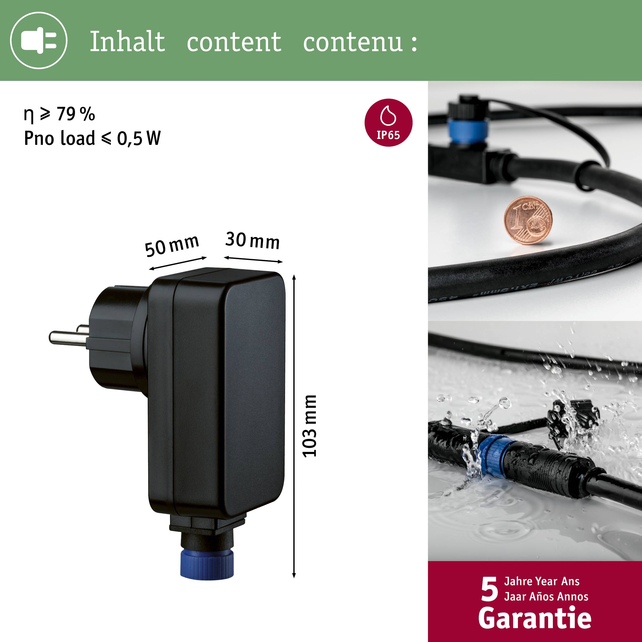 Steckernetzteil mit IP65-Zertifizierung, Energieeffizienz von mindestens 79%, Abmessungen 103x30x50mm. Inklusive 5 Jahre Garantie.