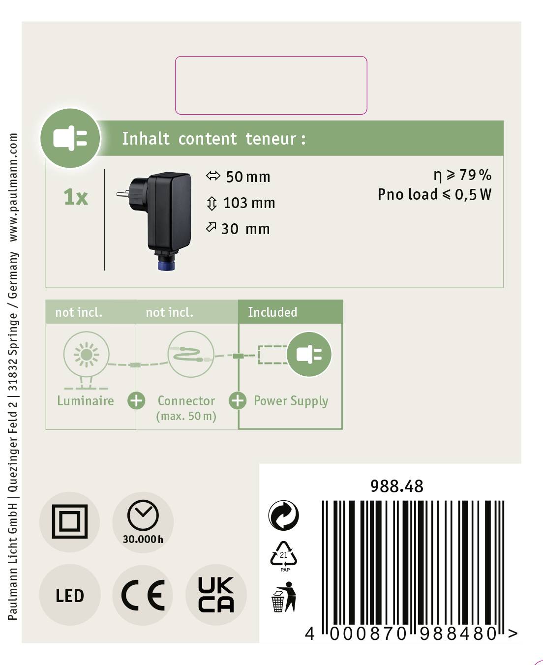 Verpackung von Paulmann Licht GmbH öffnet sich und zeigt einen LED-Adapter mit Spezifikationen: Ø 50 mm, Länge 103 mm, Anschluss 30 mm.