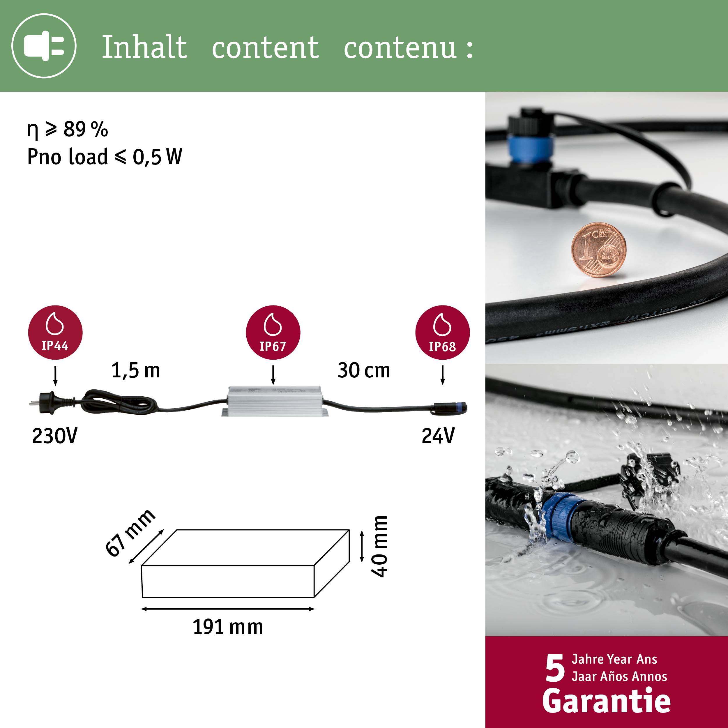 Netzteil mit Schutzart IP44/IP67/IP68, 230V, 0,5W Last, Ausgang 24V. Maße: 191x67x40mm. 5 Jahre Garantie.