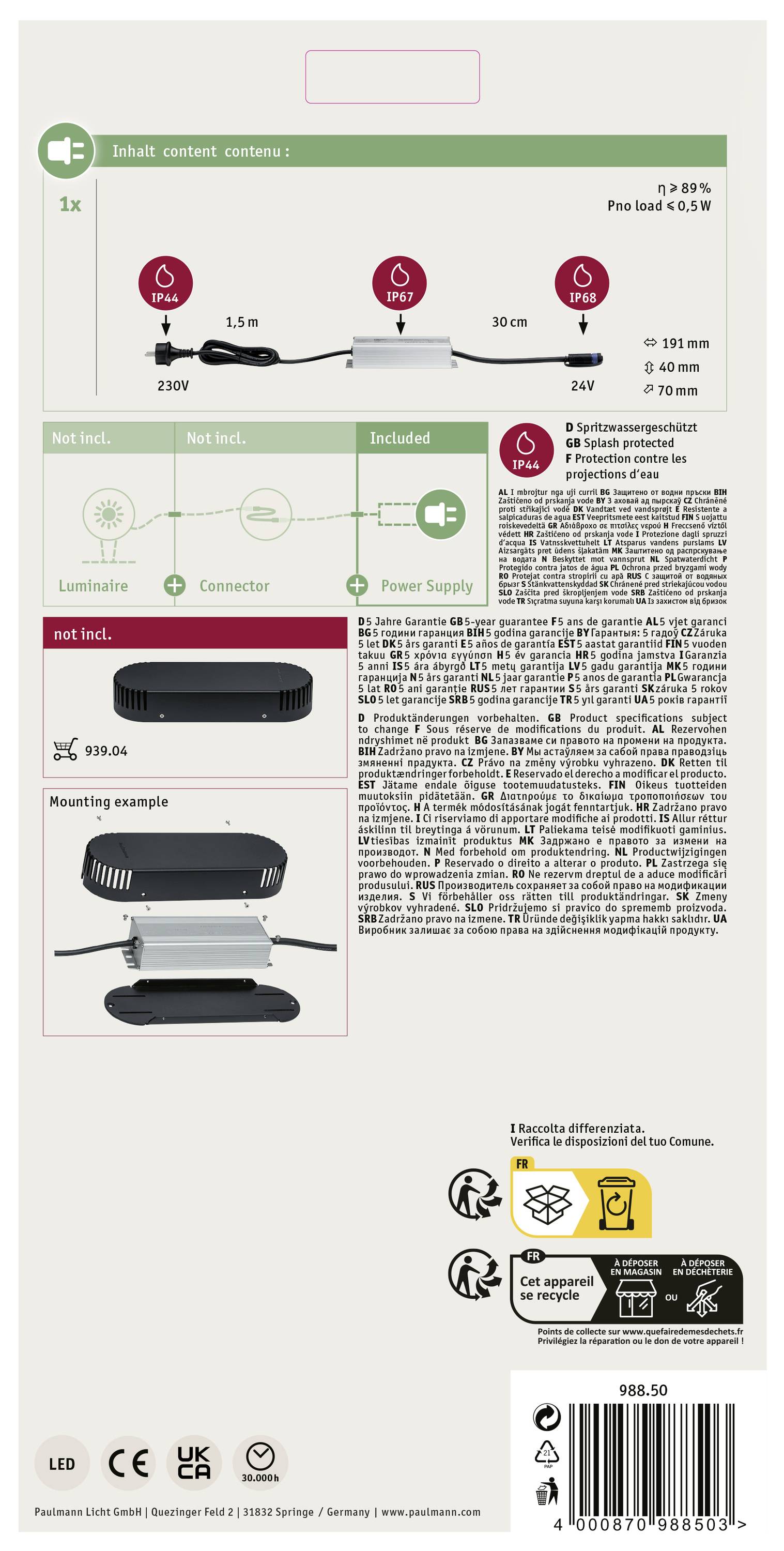 Packungsinhalt: 1x LED-Leuchte, Kabel (1,5m), Netzteil. Nicht enthalten: Montagewerkzeug. Montagebeispiel für Küche.