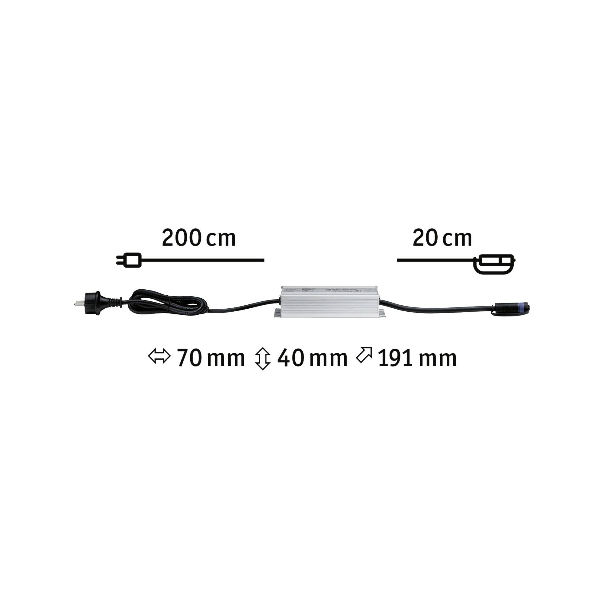 Netzteil mit Abmessungen: 191 mm Länge, 70 mm Breite, 40 mm Höhe. Kabel links: 200 cm, Kabel rechts: 20 cm.