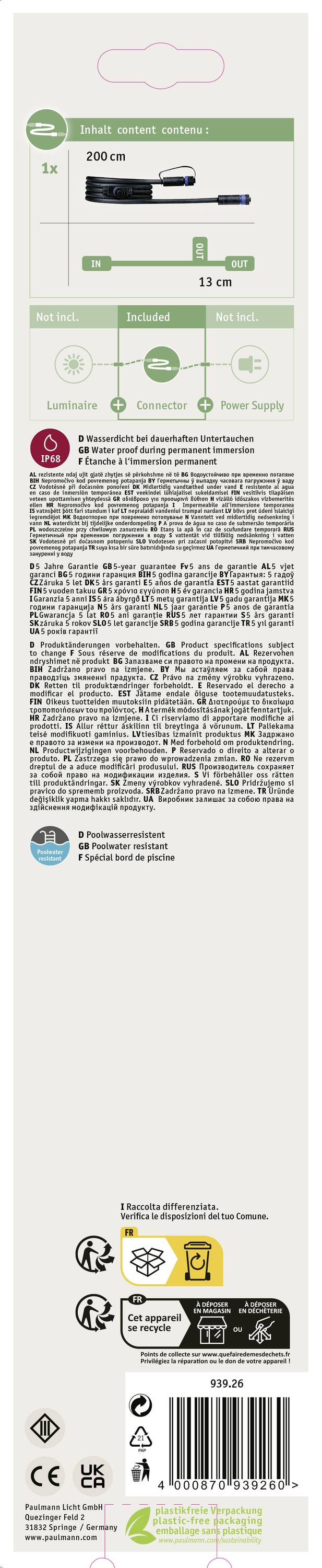 Paulmann 93926 Beleuchtungssystem Plug & Shine Verbindungskabel 150 W Schwarz