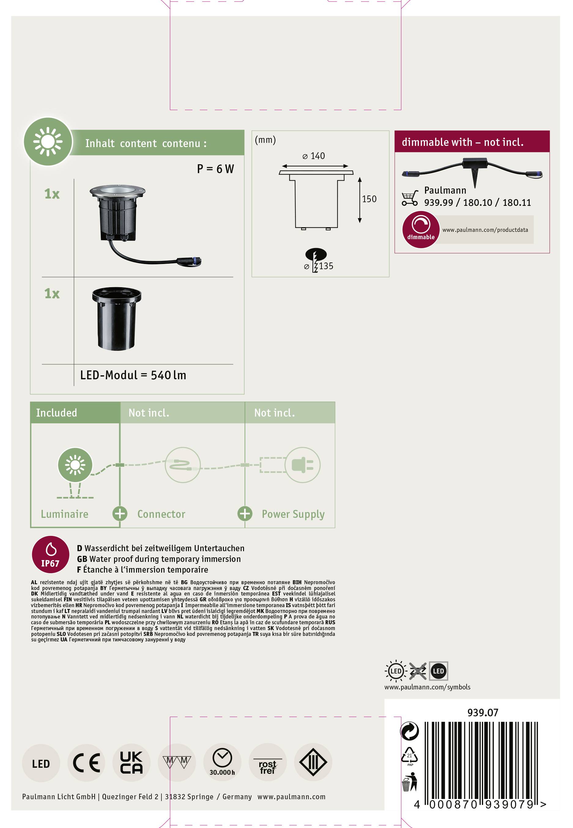 Paulmann 93907 Beleuchtungssystem Plug & Shine LED-Außeneinbauleuchte LED 6W Warmweiß Silber