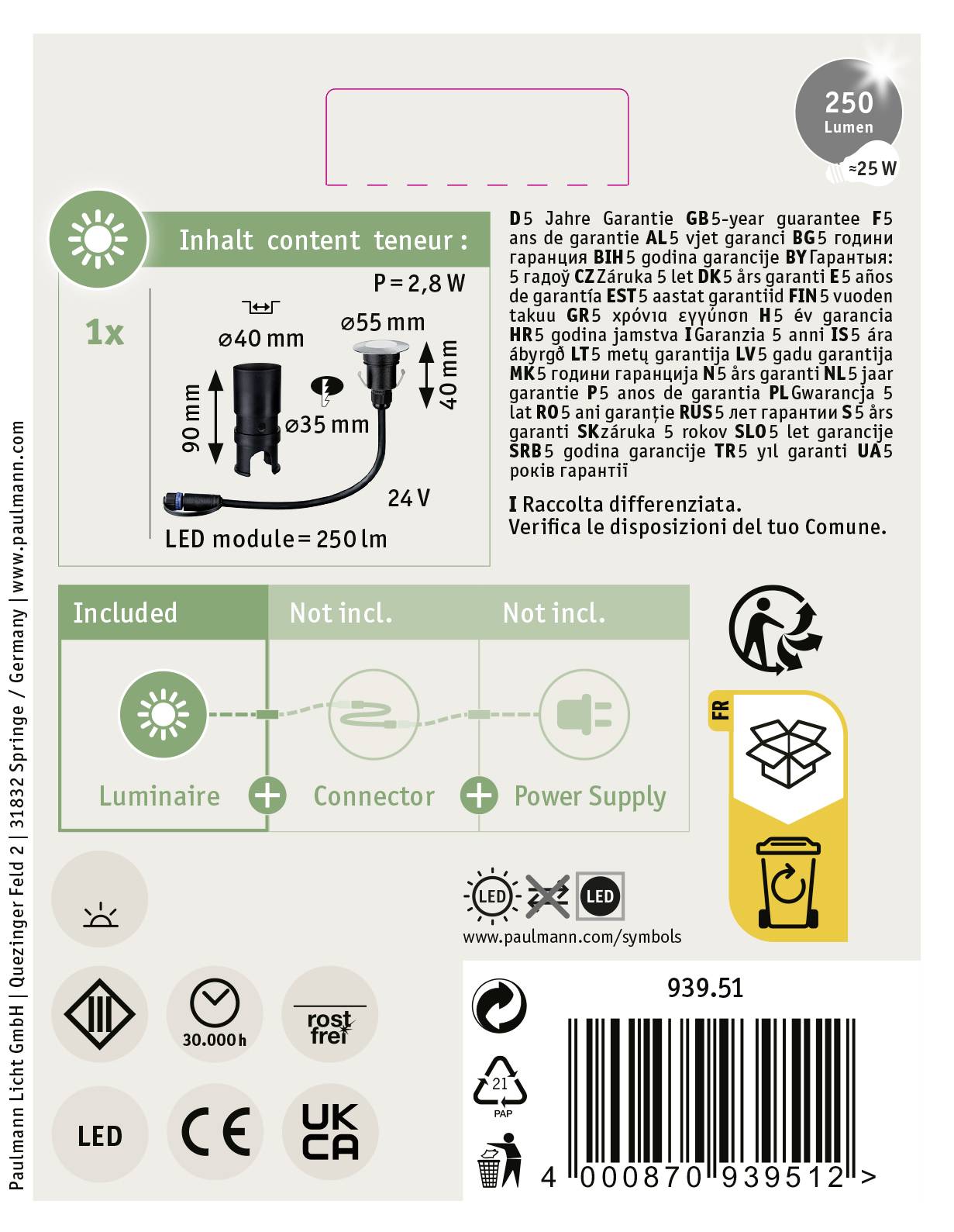 Paulmann 93951 Beleuchtungssystem Plug & Shine LED-Außeneinbauleuchte LED 2.5W Warmweiß Edelstahl