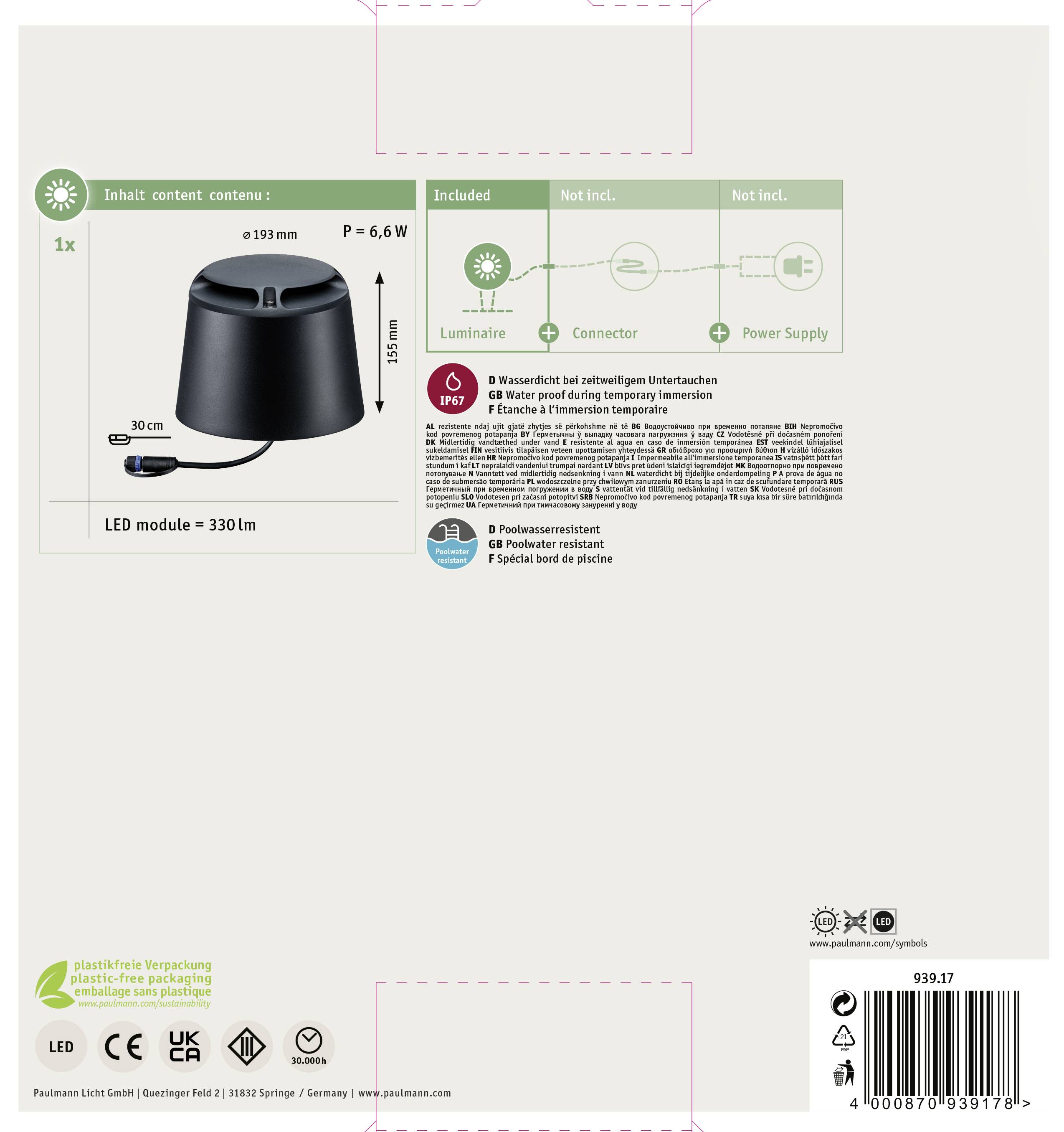 Paulmann 93917 Beleuchtungssystem Plug & Shine LED-Bodenaufbauleuchte LED 6W Warmweiß Anthrazit