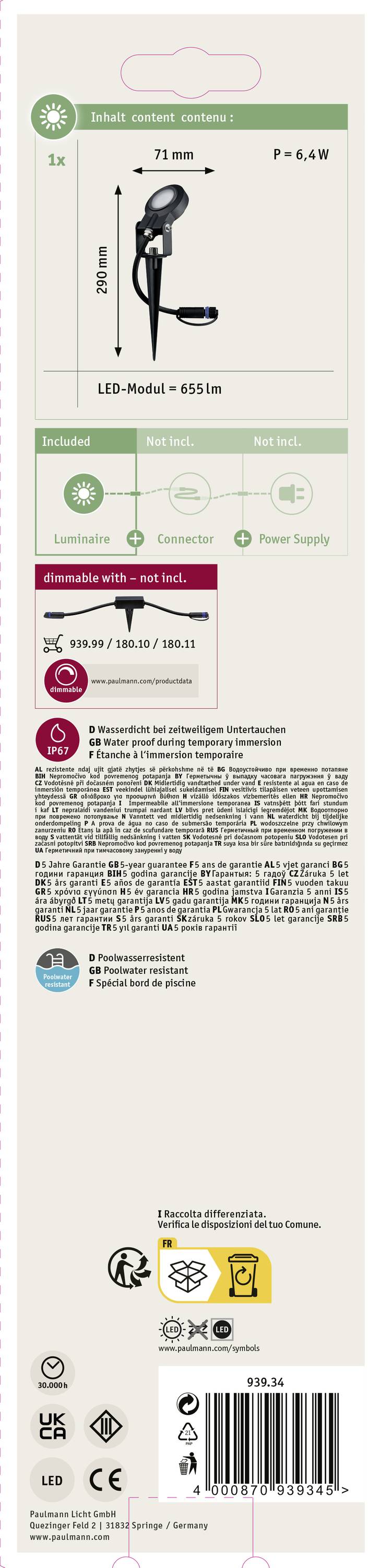 Paulmann 93934 Beleuchtungssystem Plug & Shine LED-Gartenstrahler LED 6W Warmweiß Anthrazit