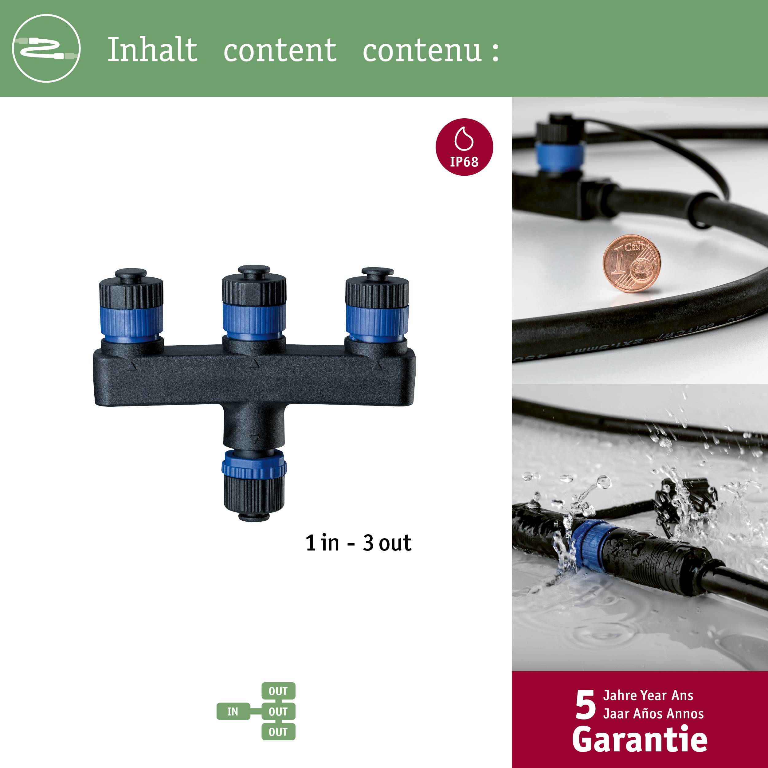 'Inhalt' zeigt einen schwarzen Wasserverteiler mit drei blauen Anschlüssen. IP68-Symbol, '5 Jahre Garantie' und 1-Cent-Münze sichtbar.