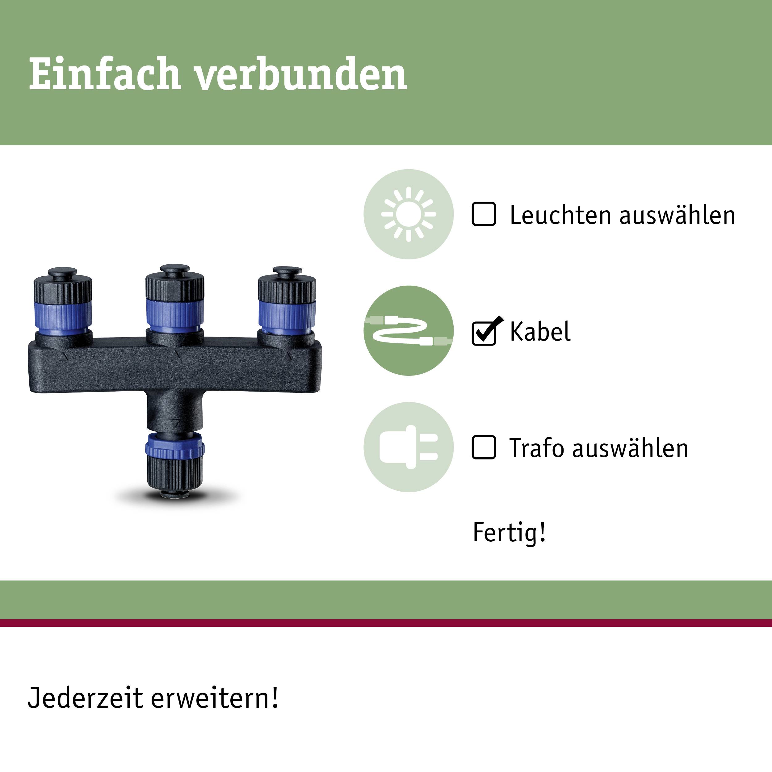 'Einfach verbunden' steht oben. Bild zeigt ein schwarzes Kabelstück mit blauen Verbindungselementen. Drei Optionen: 'Leuchten auswählen', 'Kabel', 'Trafo auswählen'. Text unten: 'Jederzeit erweitern!'.