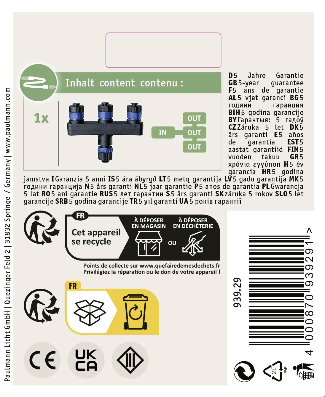 'Inhalt content contenu': Bild zeigt eine Verpackungsrückseite mit einem technischen Bauteil und mehrsprachigen Garantietexten, Recyclinghinweisen und Kontaktinformationen.