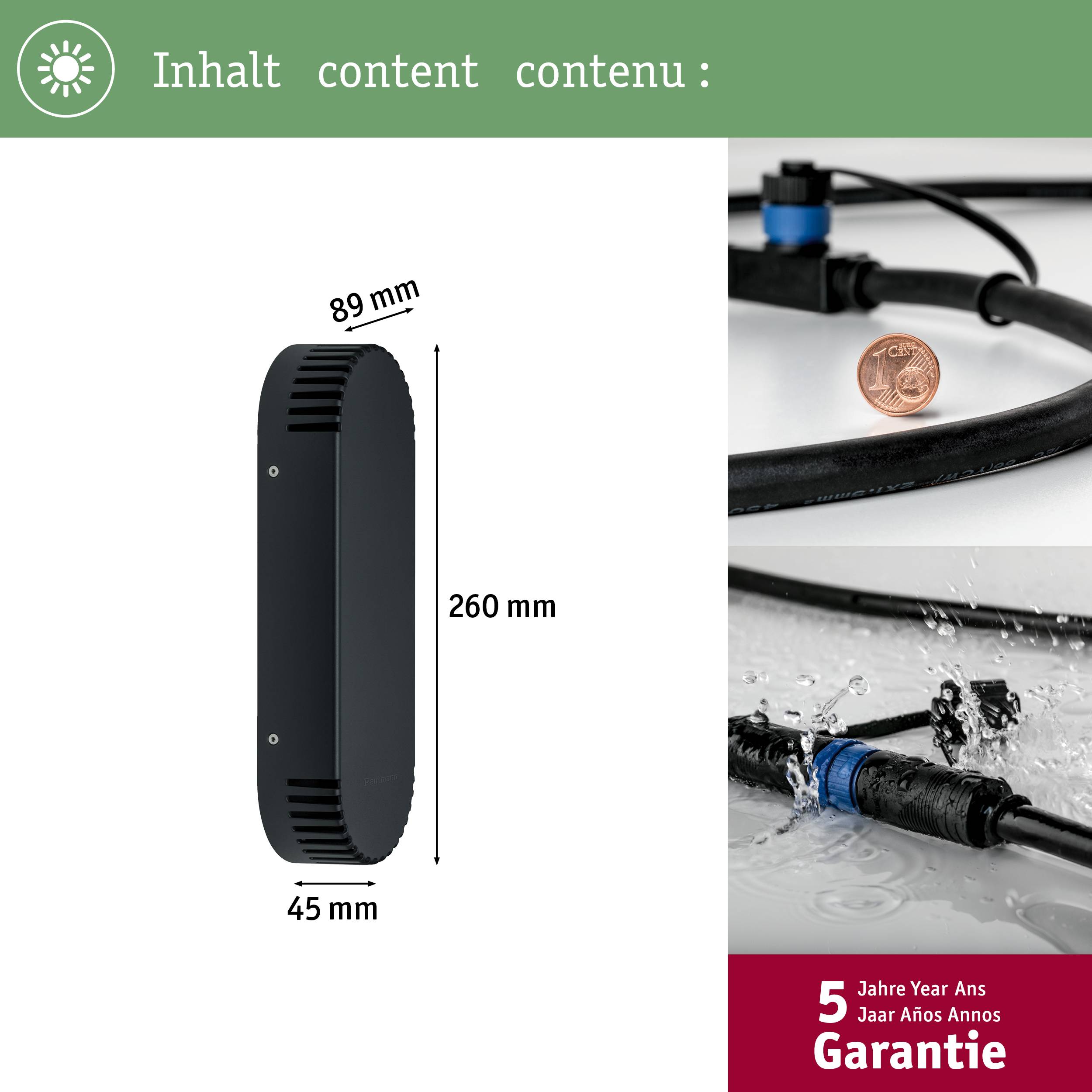 Ein Gerät mit den Maßen 260 mm x 89 mm x 45 mm, gezeigt neben Schläuchen und einer 5-Jahres-Garantie.