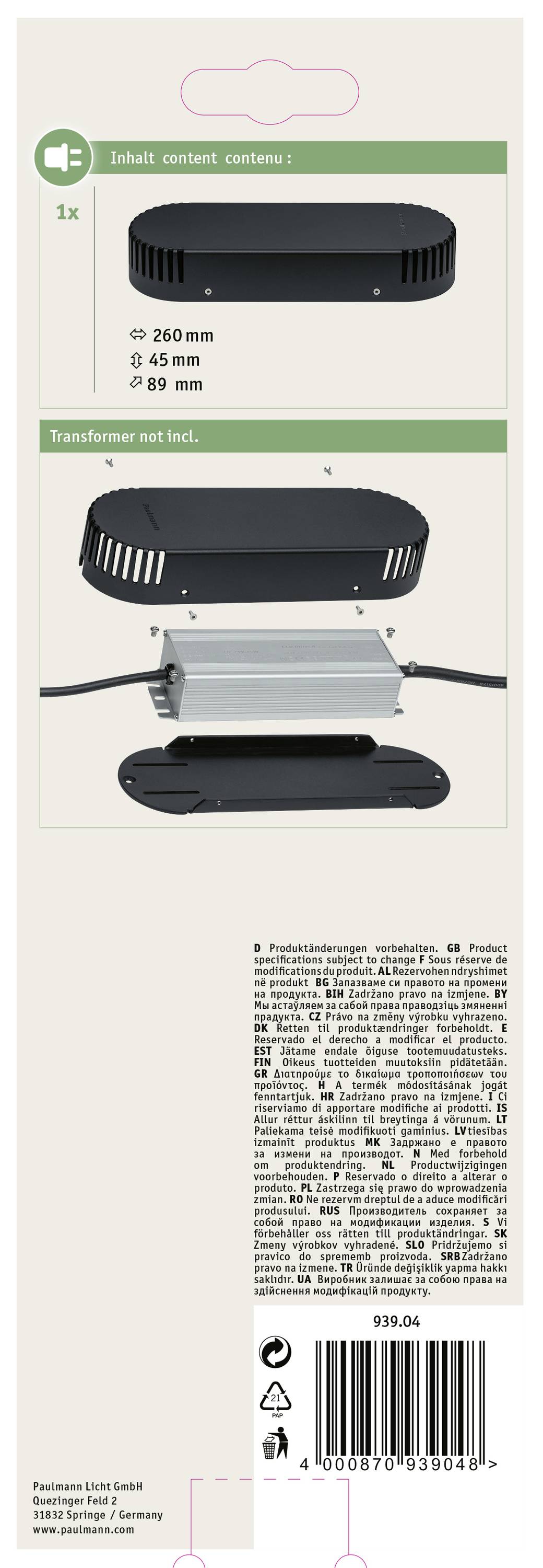 Verpackungsrückseite eines Lampenprodukts mit Bildern des Gehäuses, Abmessungen (260 mm x 45 mm x 89 mm) und dem Hinweis 'Trafo nicht inkl.'.