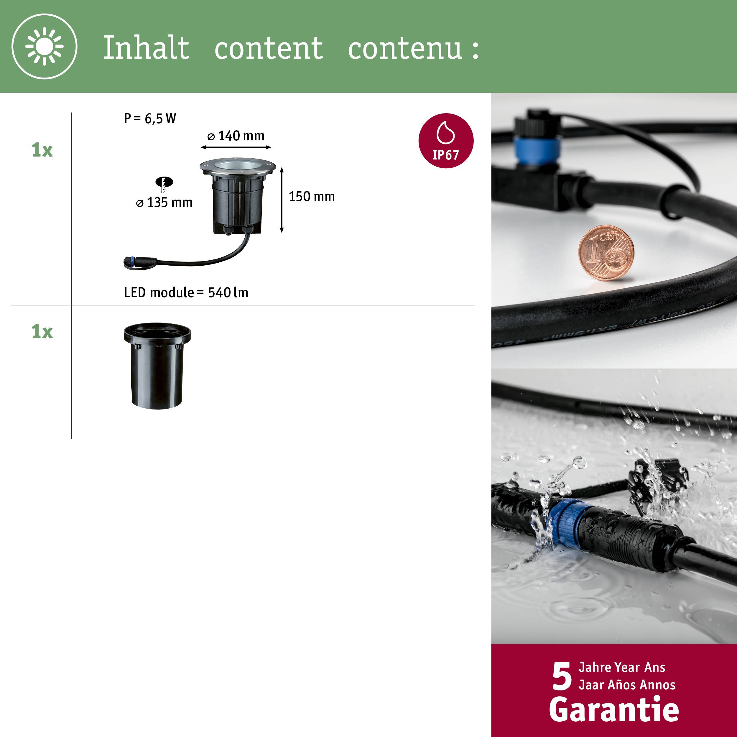 Paulmann 93908 Beleuchtungssystem Plug & Shine LED-Außeneinbauleuchte LED 6W Warmweiß Silber