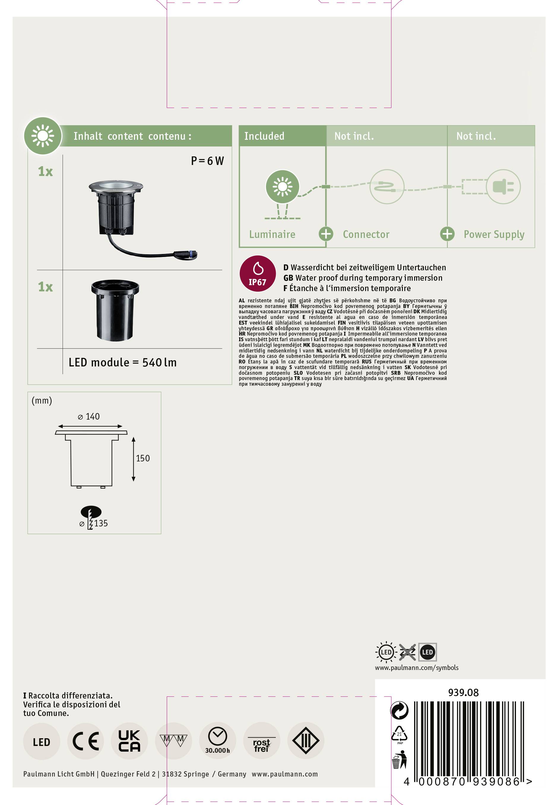 Paulmann 93908 Beleuchtungssystem Plug & Shine LED-Außeneinbauleuchte LED 6W Warmweiß Silber