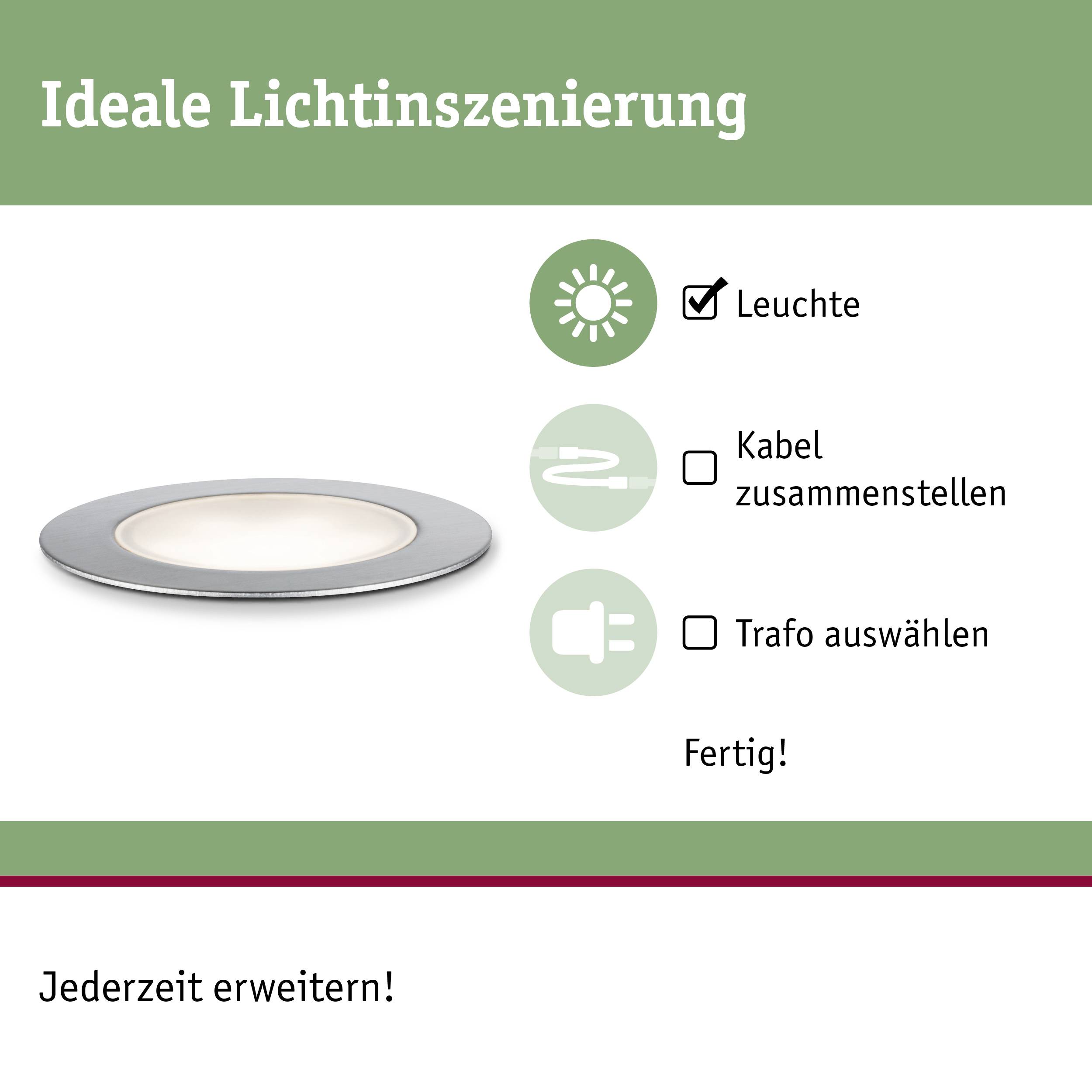 Paulmann 93953 Beleuchtungssystem Plug & Shine LED-Außeneinbauleuchte (Erweiterung) LED 2W Warmweiß Silber