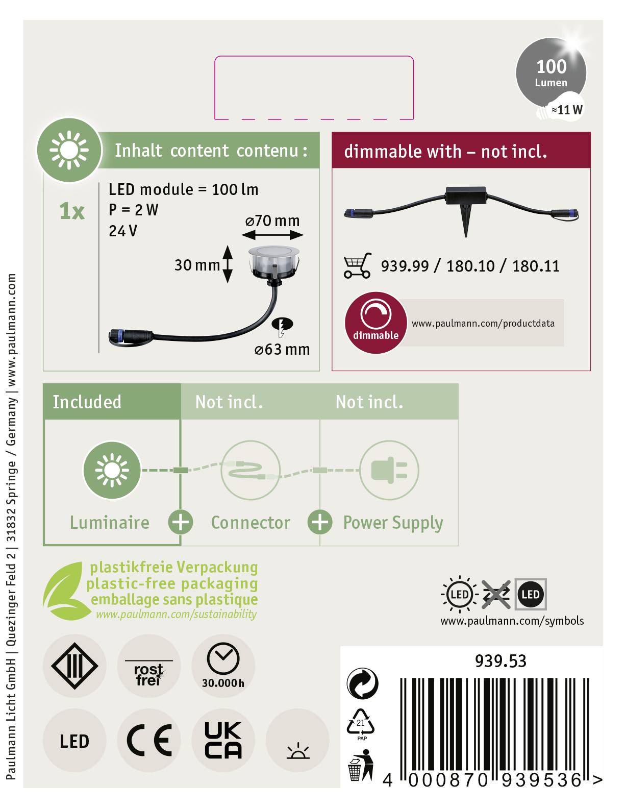 Paulmann 93953 Beleuchtungssystem Plug & Shine LED-Außeneinbauleuchte (Erweiterung) LED 2W Warmweiß Silber