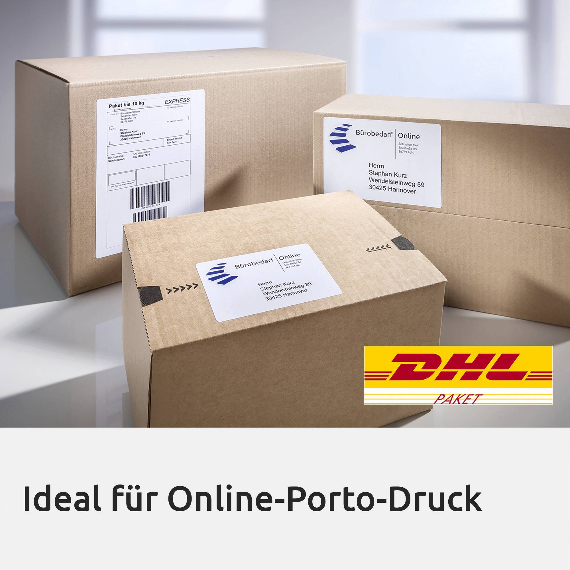 Handposition neben schwarz-weißem Bereich zeigt Etikettengröße von 210 x 148 mm, A4.