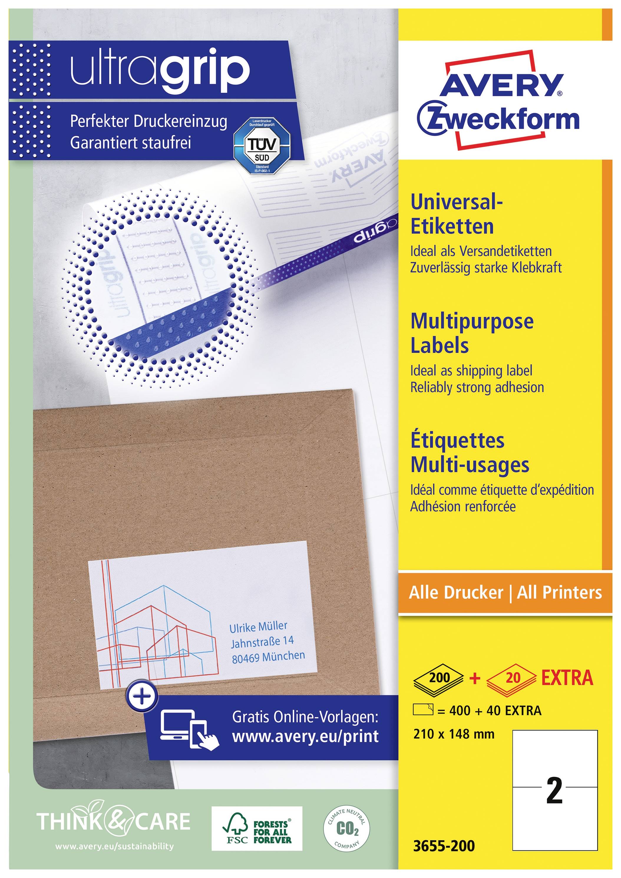 Verpackung einer Etikettenbox von Avery Zweckform. Beinhaltet Universal-Etiketten für alle Drucker, mit Gratis-Vorlagen online verfügbar.