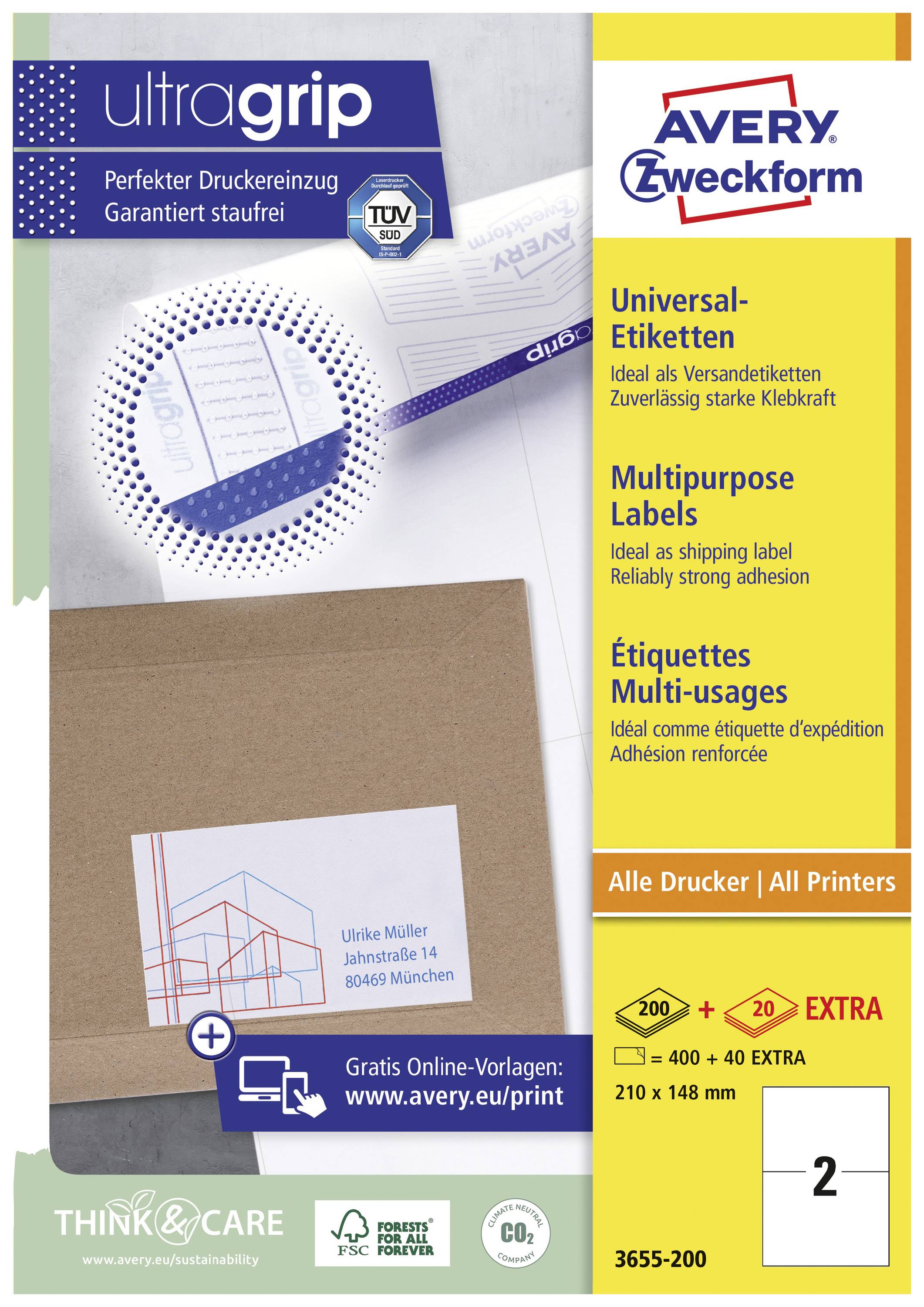 Etikettenverpackung mit der Aufschrift 'Universal-Etiketten' in vier Sprachen, Illustration eines Briefes, Logo von Avery Zweckform.
