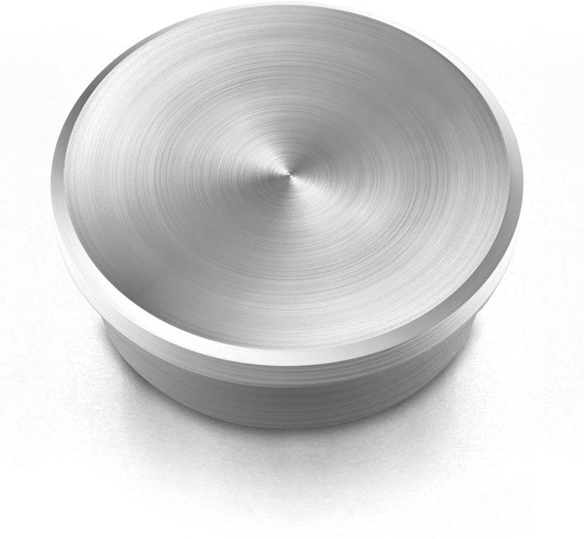Rundes, metallisches Objekt mit glatter, gebürsteter Oberfläche.