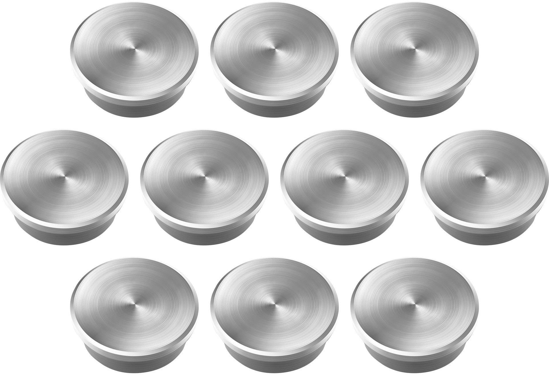 Zehn silberne metallische Schalen, symmetrisch in zwei Reihen angeordnet, zeigen eine glänzende, polierte Oberfläche.