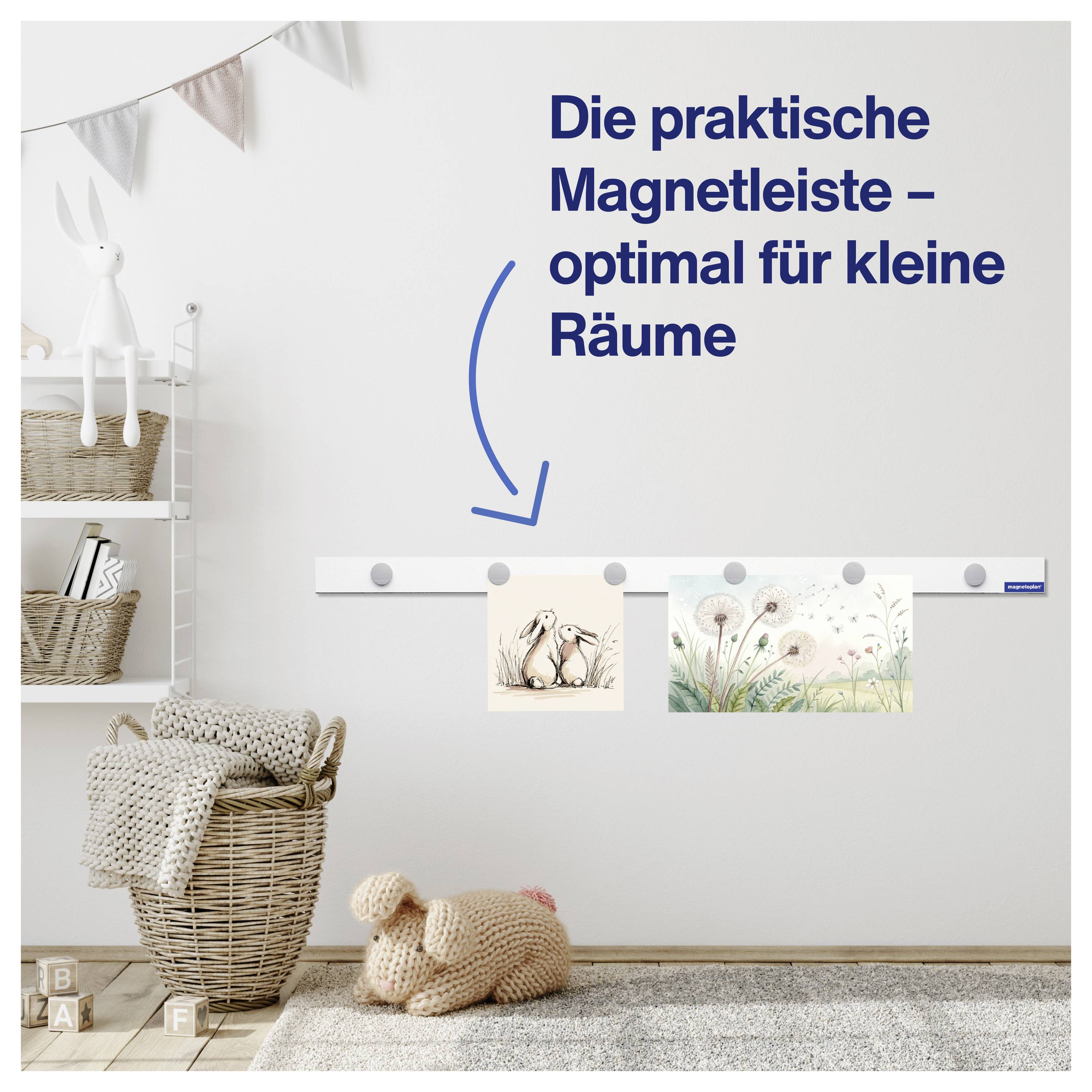 Eine Magnetleiste an der Wand zeigt zwei aufgehängte Gemälde. Daneben steht: 'Die praktische Magnetleiste – optimal für kleine Räume'.