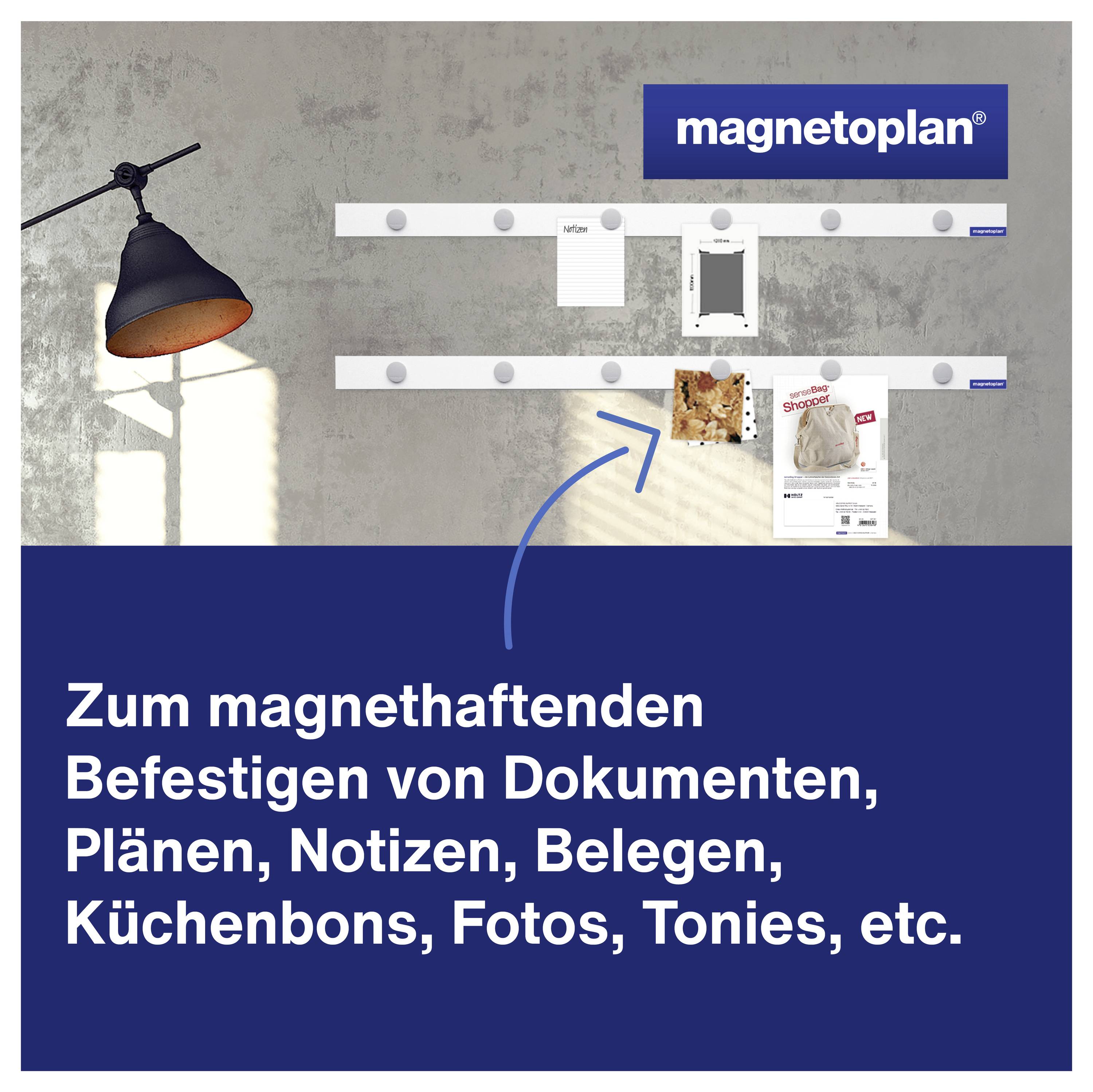 Magnetwand mit Dokumenten: Ideal zum Befestigen von Plänen, Notizen, Fotos und mehr. Markenname 'magnetoplan' oben rechts. Lampendetail links.