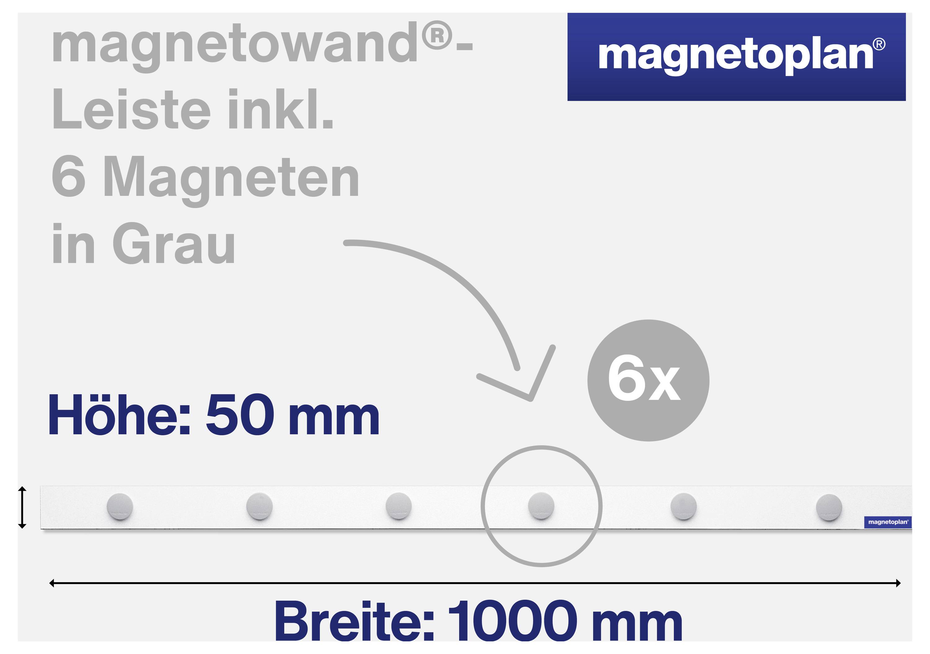 'Magnetoplan' Magnetleiste in Grau, enthält 6 Magnete. Höhe: 50 mm, Breite: 1000 mm.