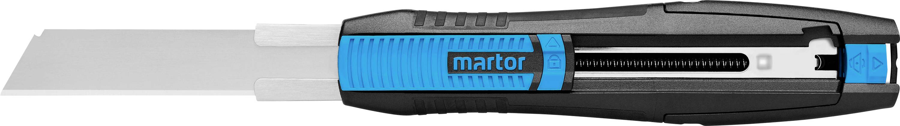 Ein schwarzes und blaues Universalmesser mit ausgefahrener Klinge. Der Markenname 'martor' ist auf dem Griff sichtbar.