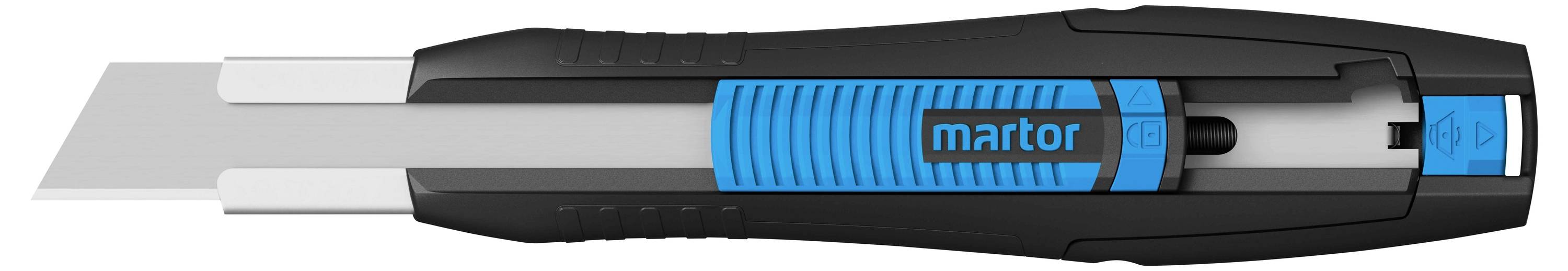 Schwarzes und blaues Cuttermesser mit einziehbarer Klinge und ergonomischem Griff, geeignet für Präzisionsschneidearbeiten.