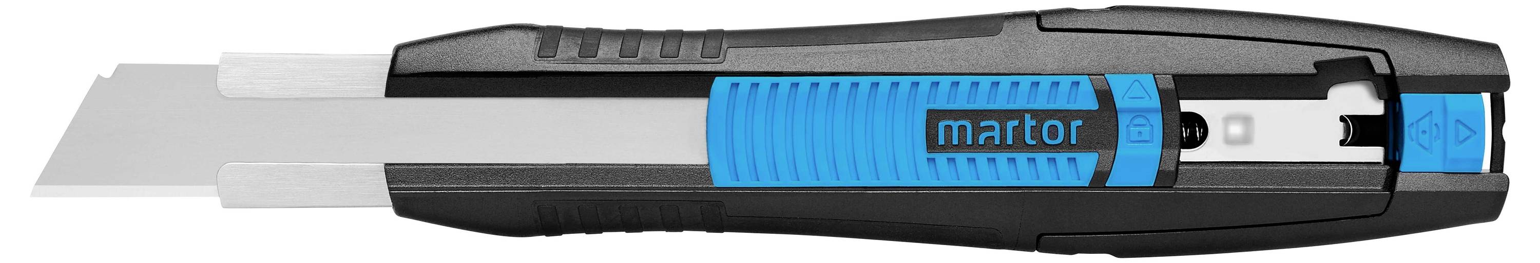 Schwarzes und blaues Sicherheitsmesser mit sichtbarer Klinge und ergonomischem Griff.