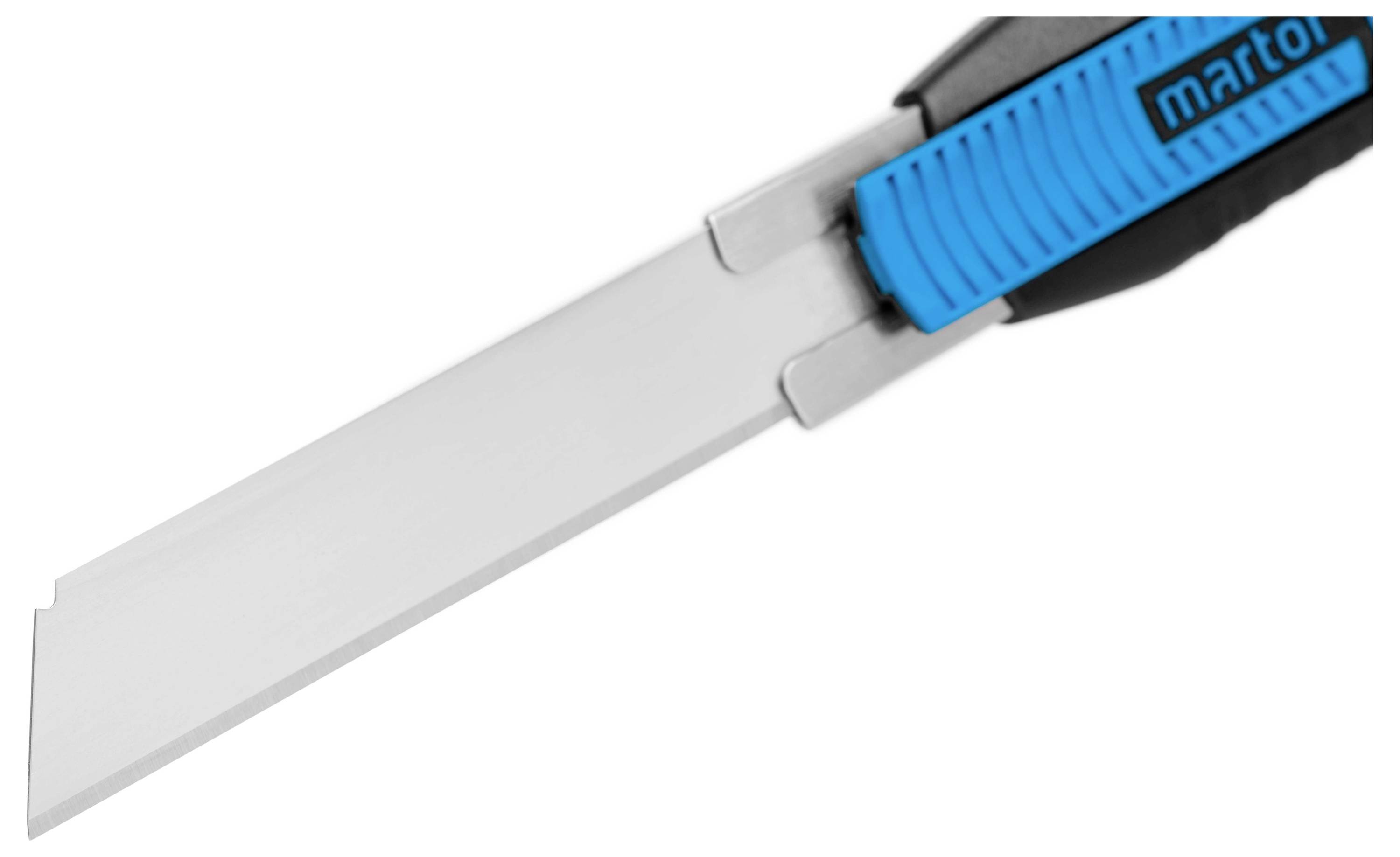 Ein Cutter-Messer mit blauem Griff und ausgefahrener silberner Klinge. Ideal zum Schneiden von Materialien wie Papier oder Karton.