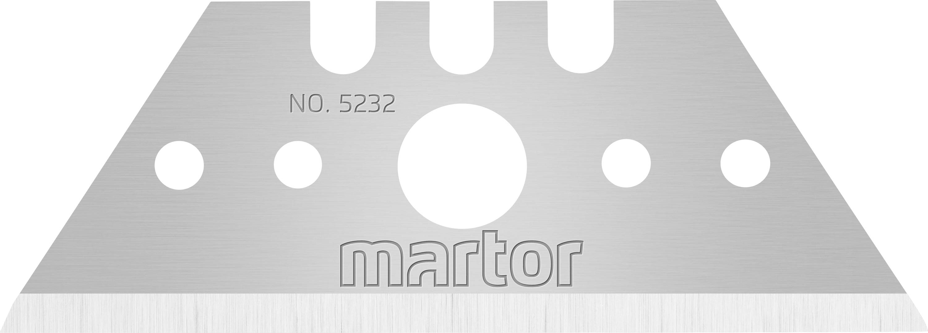 Silberne Ersatzklinge mit der Aufschrift 'NO. 5232' und 'Martor', fünf kreisförmige Löcher oben, rechteckige Grundform.