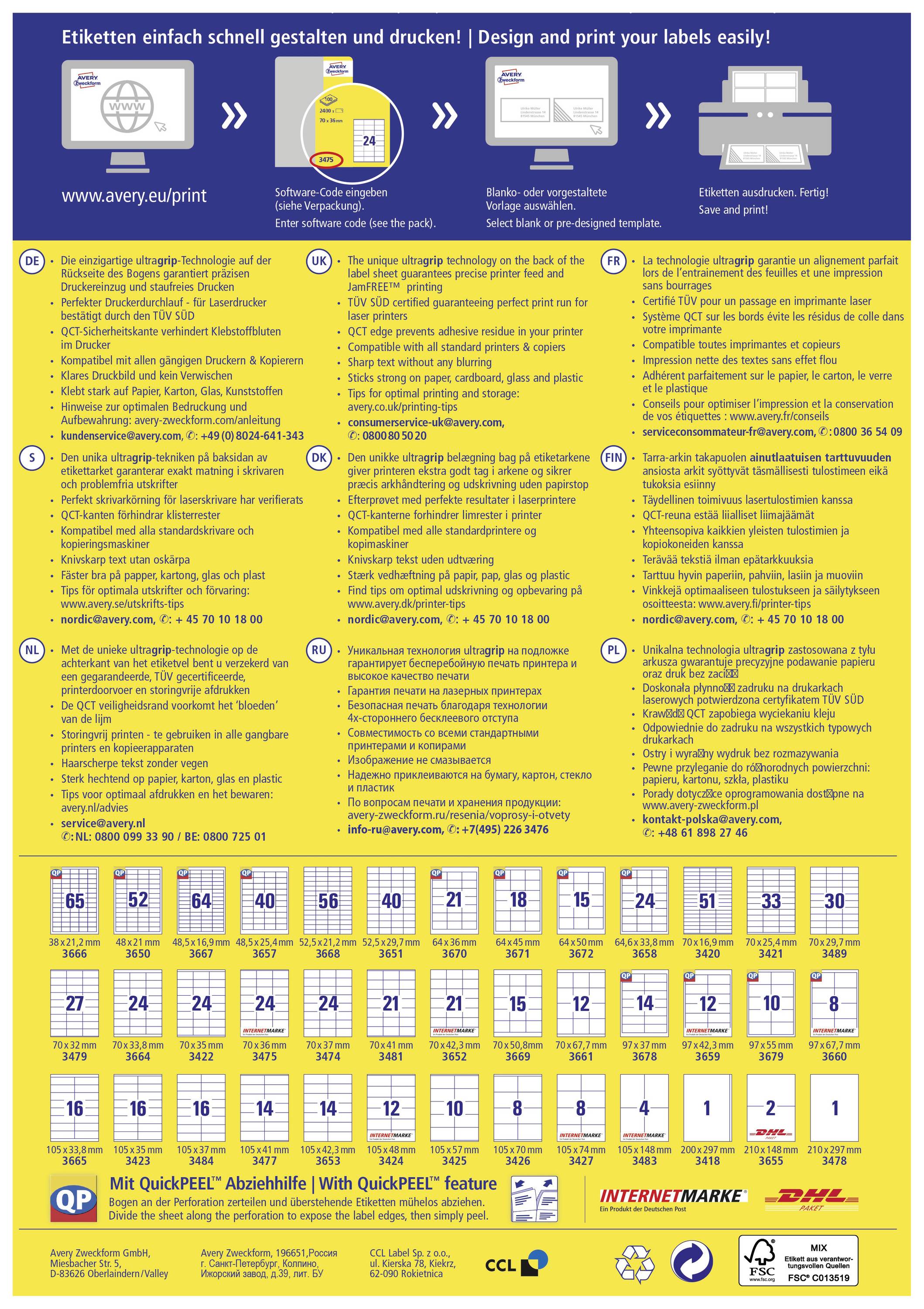 Avery-Zweckform 3653 Universal-Etiketten 105 x 42.3 mm Papier Weiß 1400 St. Permanent haftend Tintenstrahldrucker, Laserdrucker, Farblaserdrucker