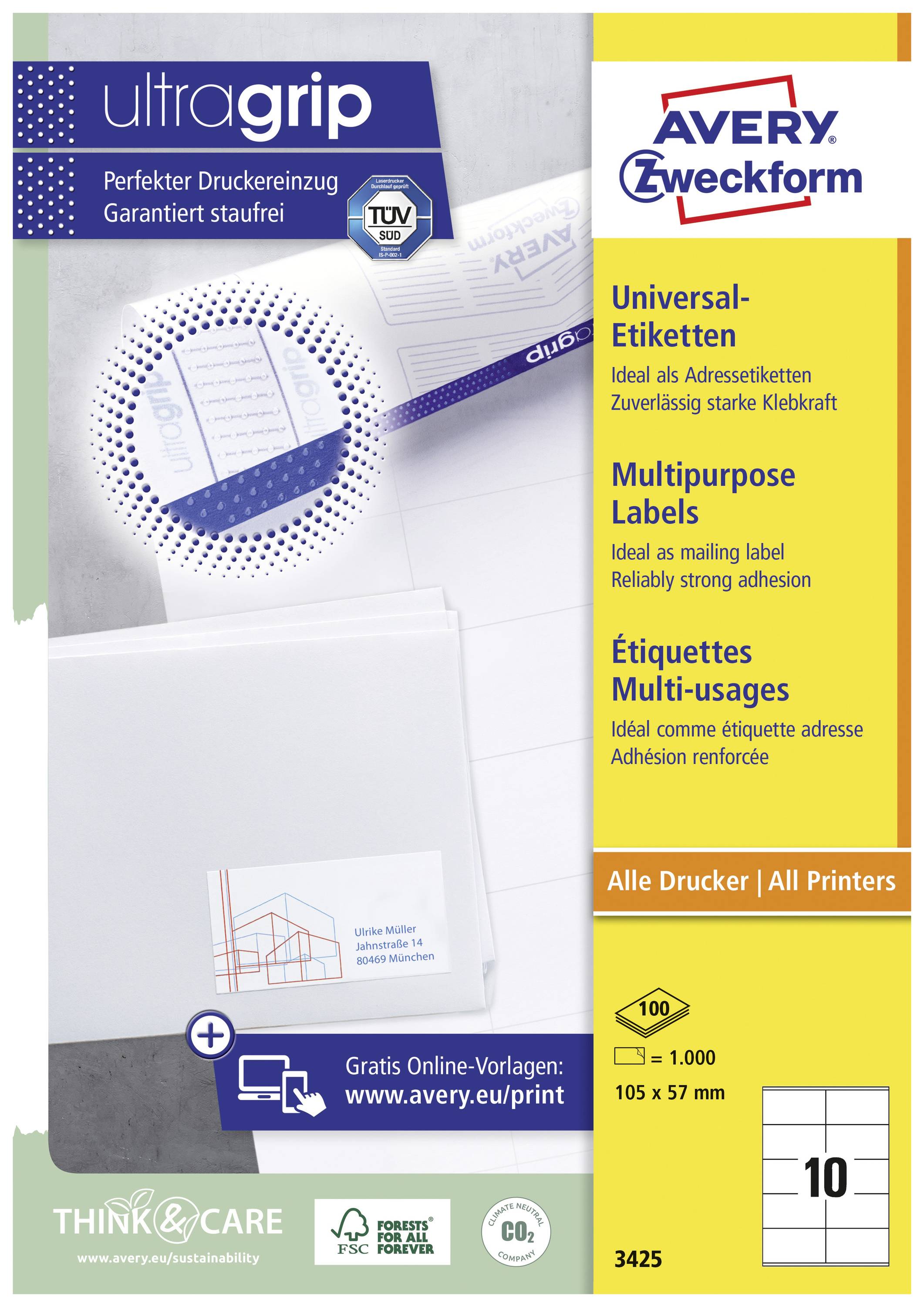Die Verpackung zeigt Avery Zweckform Universal-Etiketten, 100 Stück, 105 x 57 mm, ideal für Adressetiketten. Kompatibel mit allen Druckern.