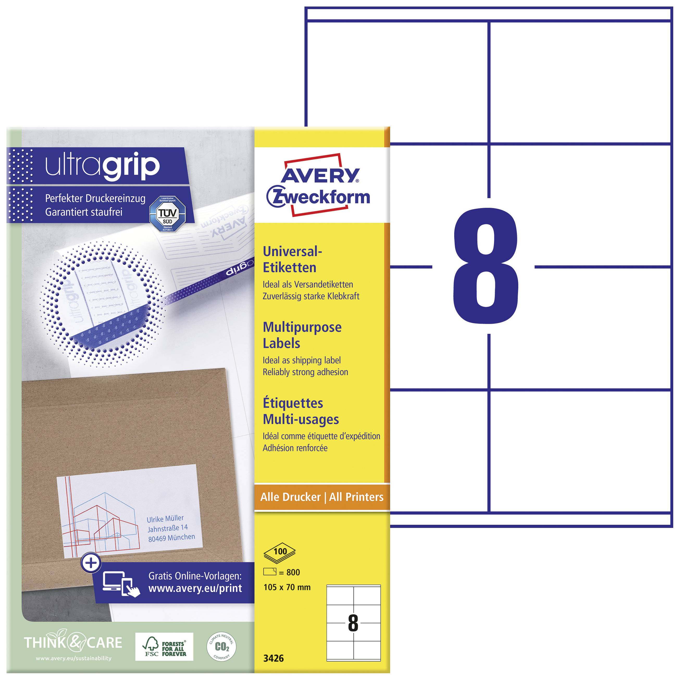 'Avery Zweckform Universal-Etiketten' auf Verpackung mit Bild von 8 Aufklebern und Beschreibung. Für Versandetiketten aller Drucker geeignet.