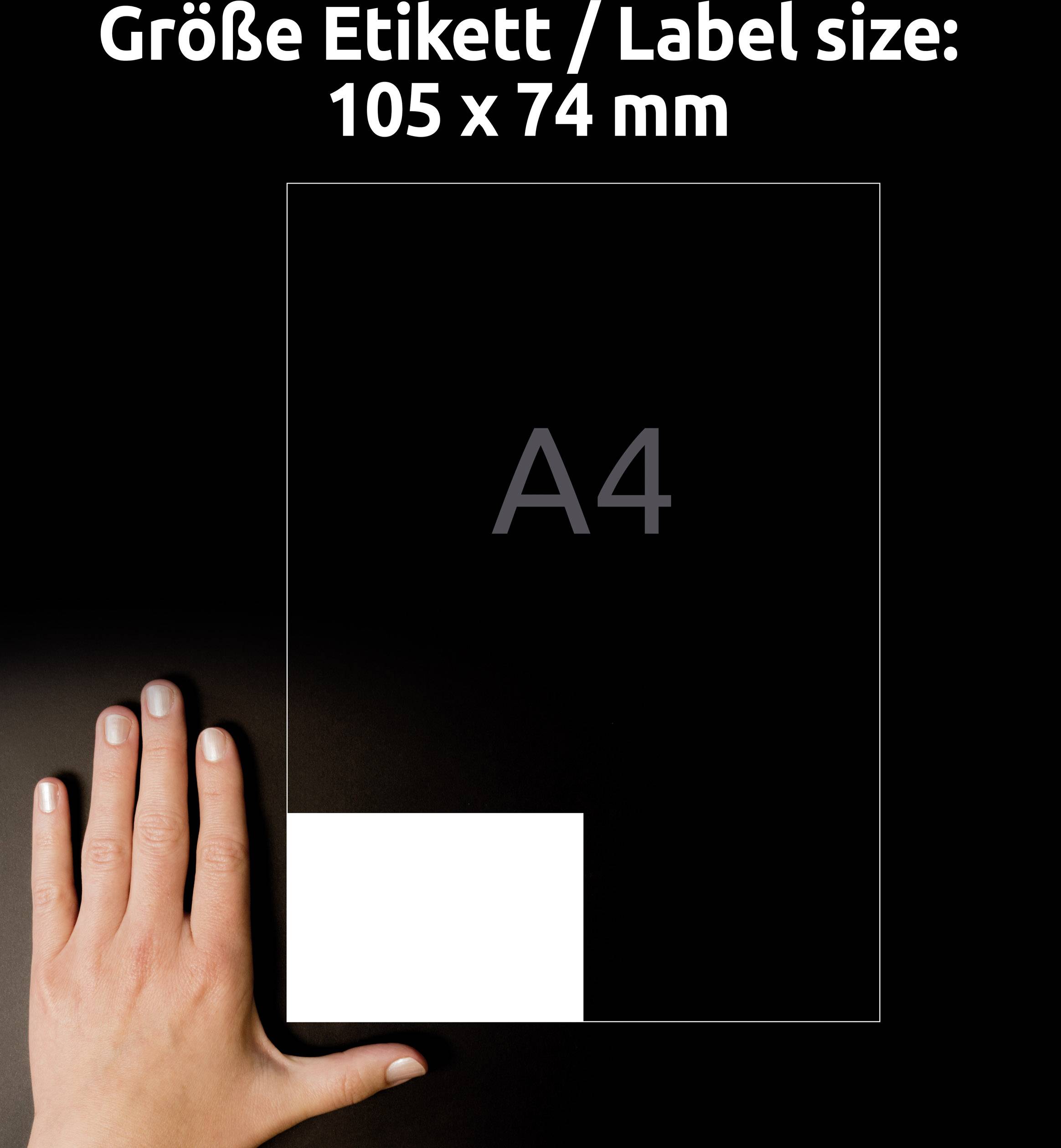 'Große Etikett / Label size: 105 x 74 mm' über einer Darstellung, die das Verhältnis eines kleinen Etiketts zu einem A4-Blatt mit einer Hand zeigt.