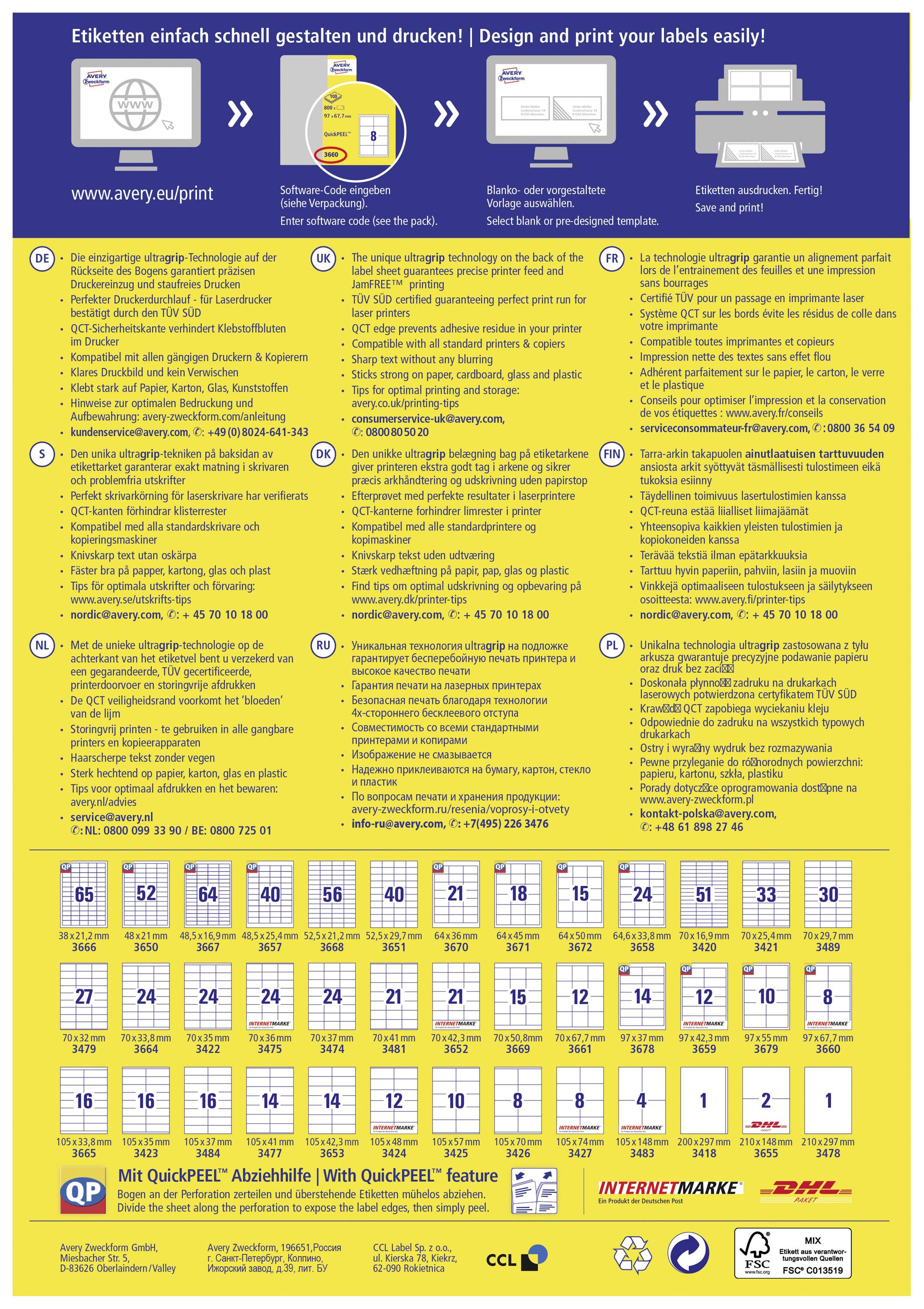 'Etiketten einfach schnell gestalten und drucken!' Poster zeigt verschiedene Avery-Etikettenformate mit Beschreibung und Vorteilen.